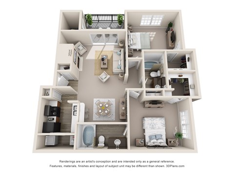 Floor plan for 2 beds, 2 baths, 1079 sqft